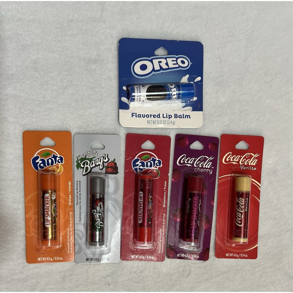 Lot Of 6 New Lip Balms Fanta Orange, Fanta Strawberry, Barg's Root‎ Beer, Coke